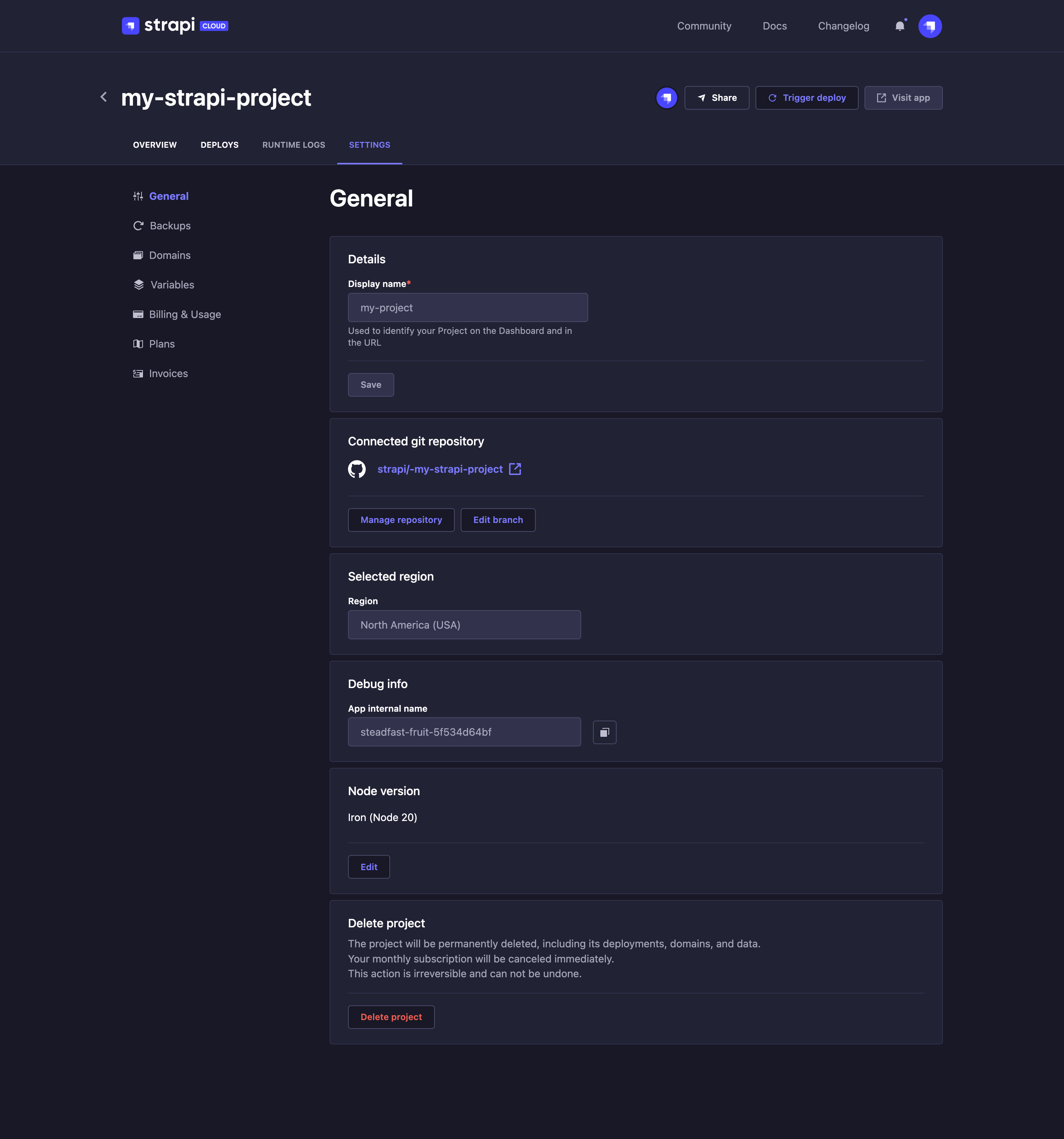 Project settings page